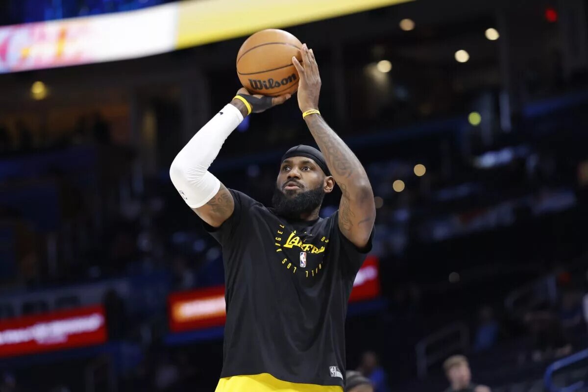 Apr 8, 2025; Oklahoma City, Oklahoma, USA; Los Angeles Lakers forward LeBron James warms up before the start of a game against the Oklahoma City Thunder at Paycom Center. Mandatory Credit: Alonzo Adams-Imagn Images