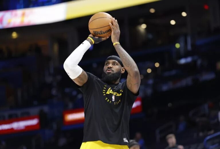 Apr 8, 2025; Oklahoma City, Oklahoma, USA; Los Angeles Lakers forward LeBron James warms up before the start of a game against the Oklahoma City Thunder at Paycom Center. Mandatory Credit: Alonzo Adams-Imagn Images