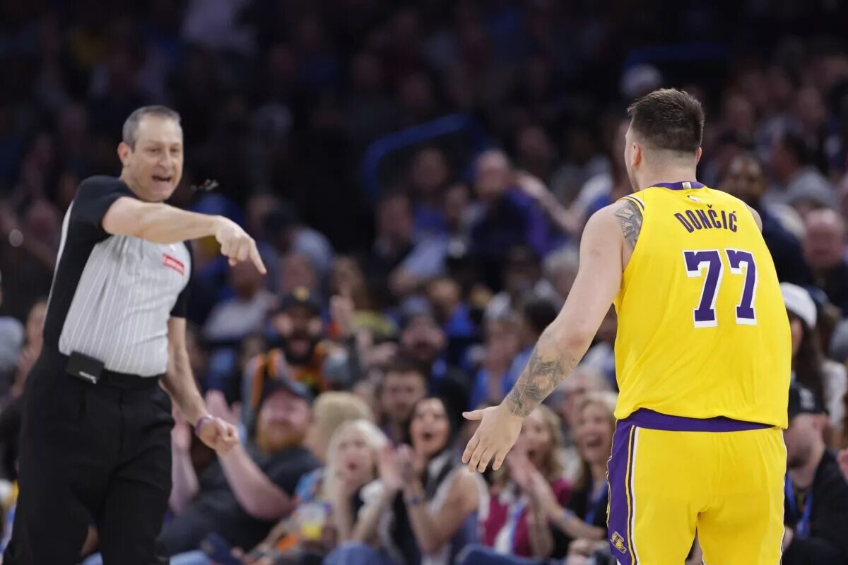 Apr 8, 2025; Oklahoma City, Oklahoma, USA; Los Angeles Lakers guard Luka Doncic (77) has a technical call against him during the second half of a game against the Oklahoma City Thunder at Paycom Center. Mandatory Credit: Alonzo Adams-Imagn Images