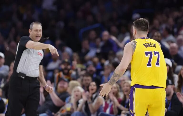 Apr 8, 2025; Oklahoma City, Oklahoma, USA; Los Angeles Lakers guard Luka Doncic (77) has a technical call against him during the second half of a game against the Oklahoma City Thunder at Paycom Center. Mandatory Credit: Alonzo Adams-Imagn Images