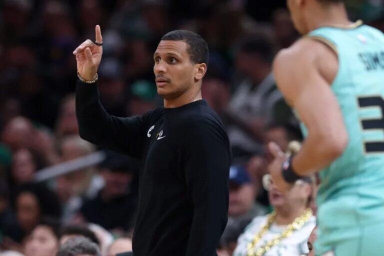 Apr 13, 2025; Boston, Massachusetts, USA; Boston Celtics head coach Joe Mazzulla reacts during the first half against the Charlotte Hornets at TD Garden. Mandatory Credit: Paul Rutherford-Imagn Images Jaylen Brown Jrue Holiday