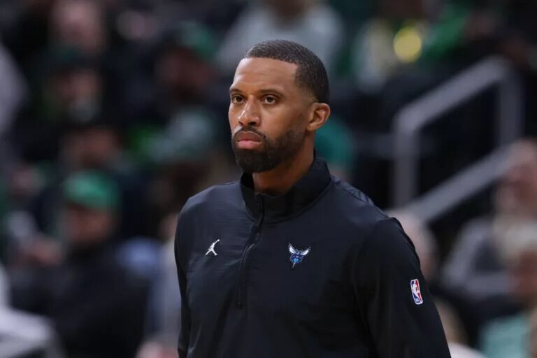 Apr 13, 2025; Boston, Massachusetts, USA; Charlotte Hornets head coach Charles Lee reacts during the first half against the Boston Celtics at TD Garden. Mandatory Credit: Paul Rutherford-Imagn Images Taj Gibson