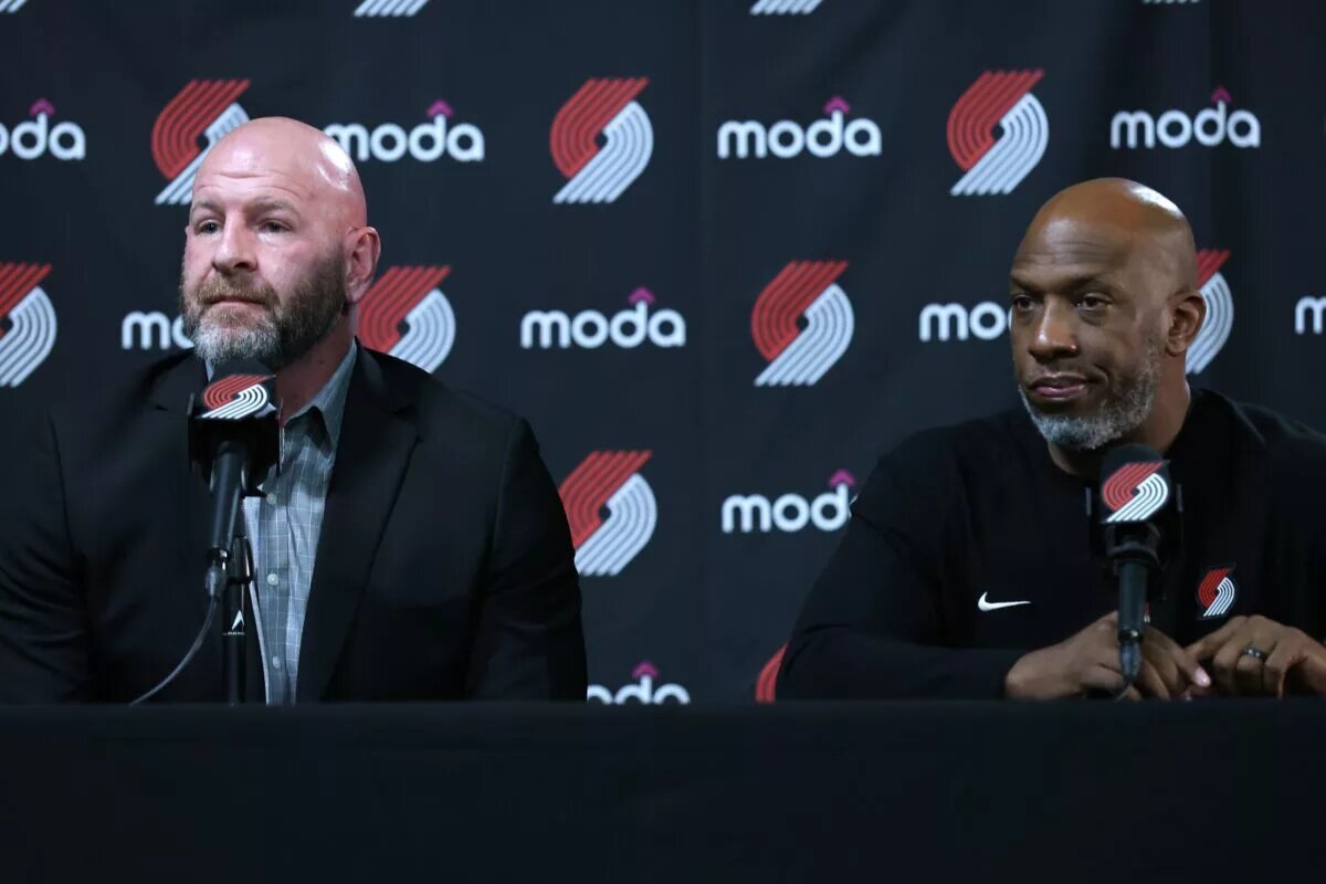 Apr 13, 2025; Portland, Oregon, USA; Portland Trail Blazers general manager Joe Cronin (left) and Trail Blazers’ head coach Chauncey Billups field questions from the working press before Portland plays their last season game against Los Angeles Lakers at Moda Center. Mandatory Credit: Jaime Valdez-Imagn Images