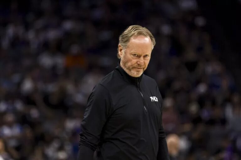 Apr 13, 2025; Sacramento, California, USA; Phoenix Suns head coach Mike Budenholzer reacts during the second quarter against the Sacramento Kings at Golden 1 Center. Mandatory Credit: John Hefti-Imagn Images