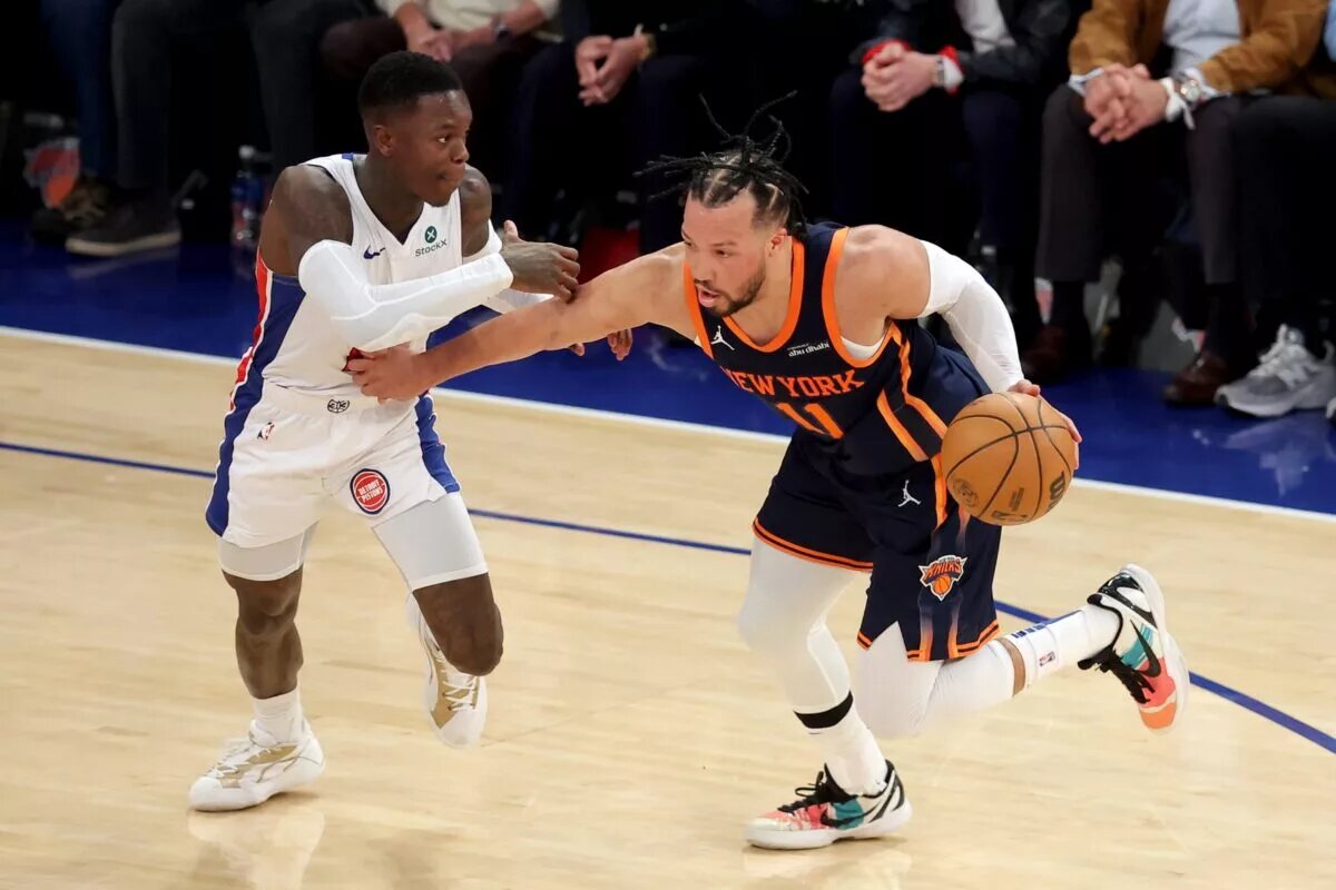 Apr 21, 2025; New York, New York, USA; New York Knicks guard Jalen Brunson (11) drives to the basket against Detroit Pistons guard Dennis Schroder (17) during the fourth quarter of game two of the first round of the 2024 NBA Playoffs at Madison Square Garden. Mandatory Credit: Brad Penner-Imagn Images