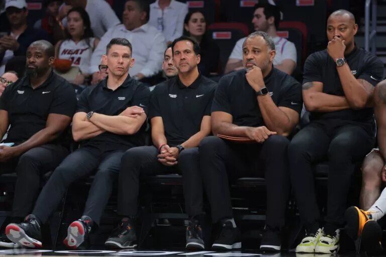Miami Heat associate head coach Chris Quinn (left), head coach Erik Spoelstra