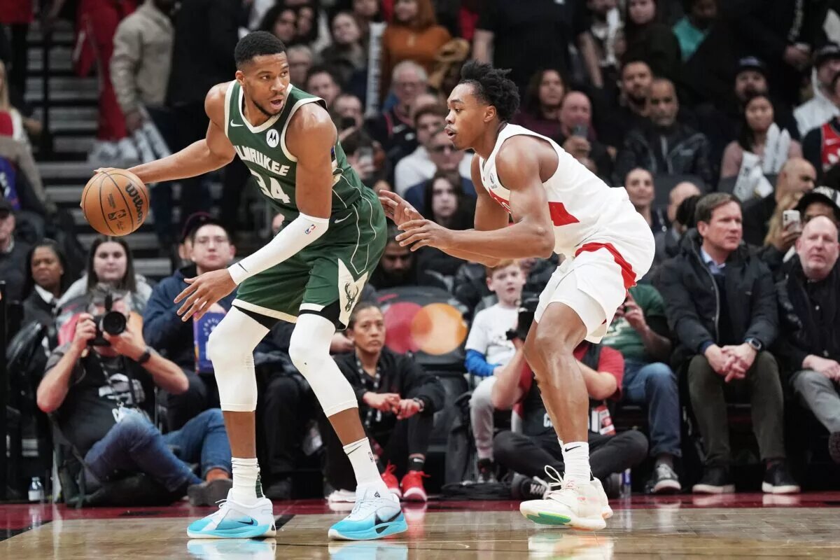 Milwaukee Bucks trade candidate Giannis Antetokounmpo guarded by Toronto Raptors forward Scottie Barnes