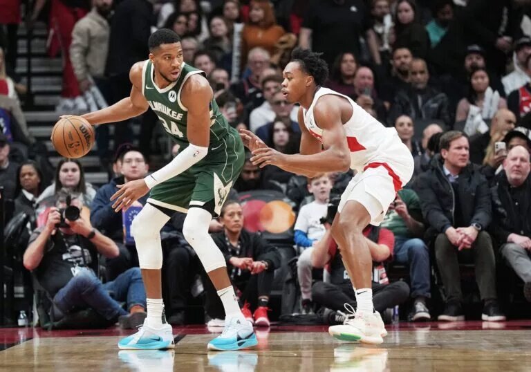 Milwaukee Bucks trade candidate Giannis Antetokounmpo guarded by Toronto Raptors forward Scottie Barnes