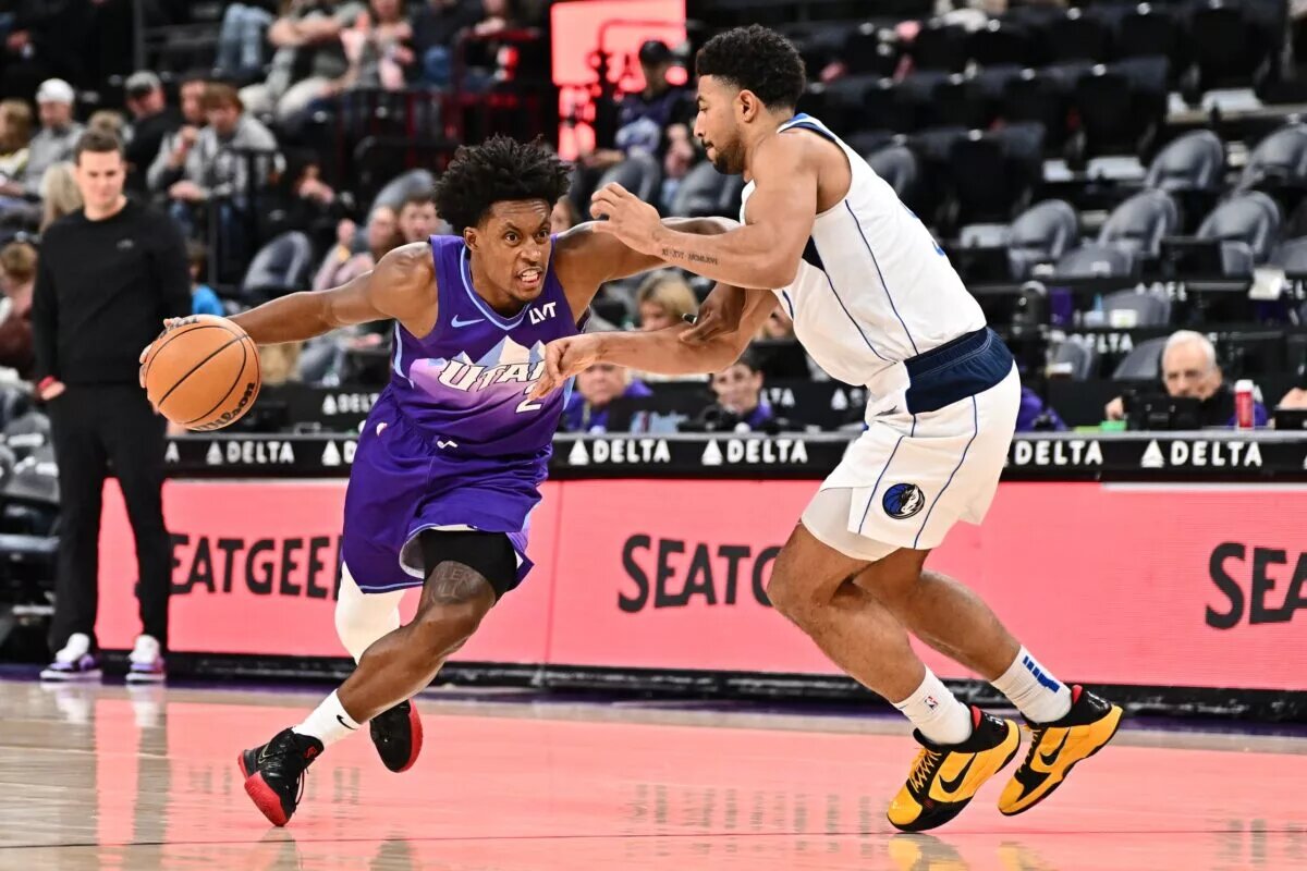 Utah Jazz guard Collin Sexton (2) drives around former Dallas Mavericks wing Quentin Grimes (5)