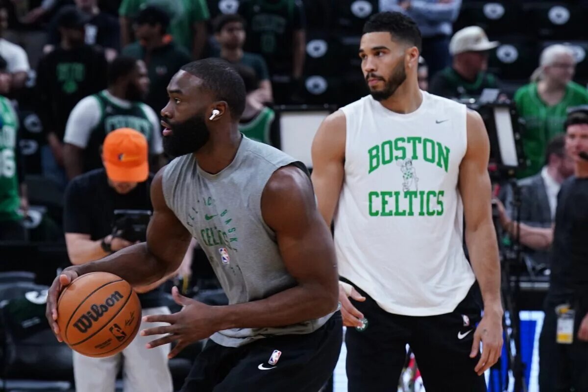 Boston Celtics wing Jaylen Brown (7) and forward Jayson Tatum (0)