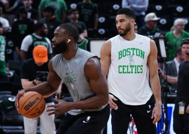 Boston Celtics wing Jaylen Brown (7) and forward Jayson Tatum (0)
