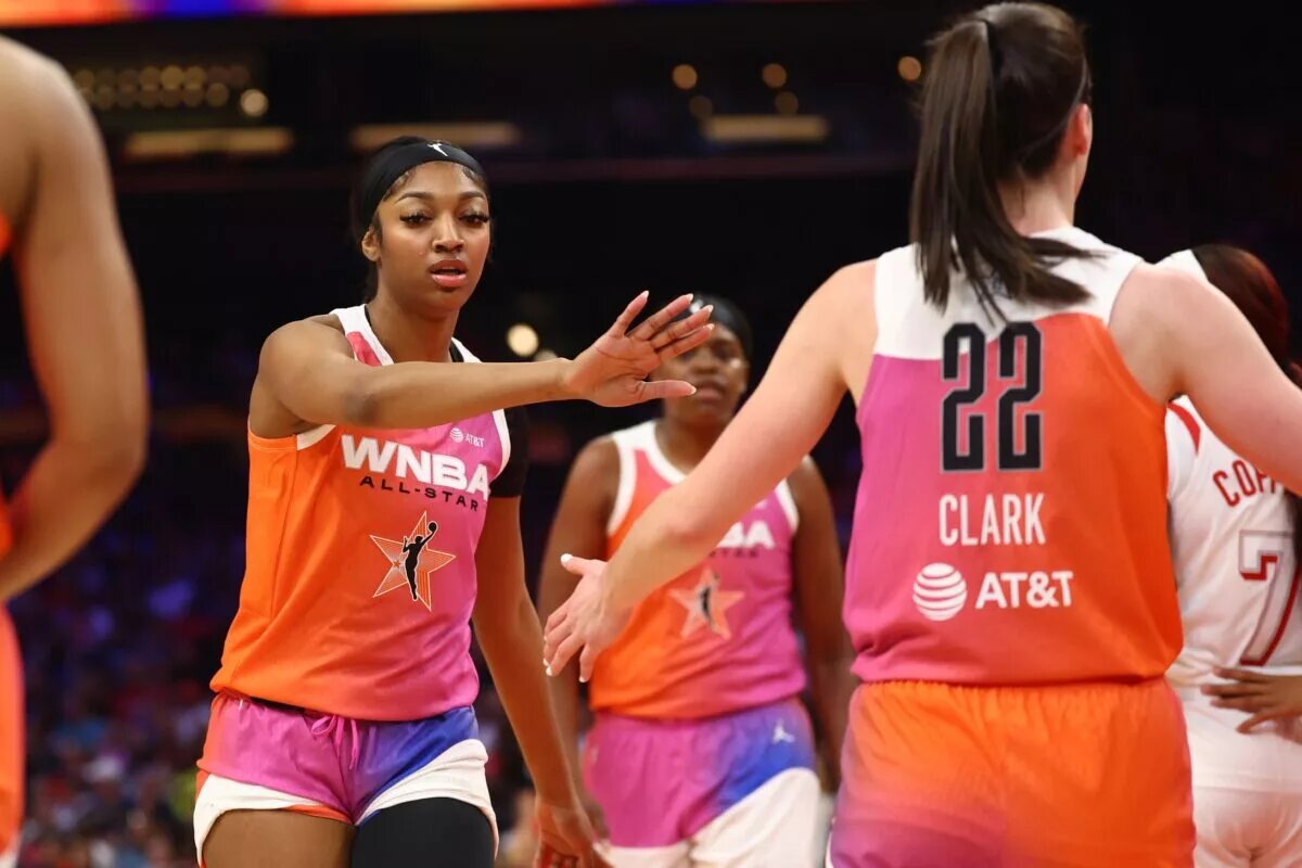 eam WNBA guard Caitlin Clark (22) and Angel Reese against the USA Women's National Team during the 2024 WNBA All Star Game at Footprint Center.