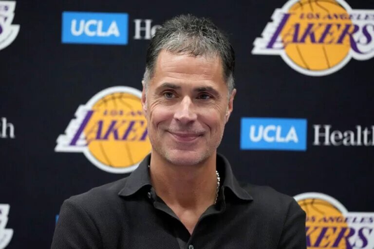 Sep 25, 2024; El Segundo, CA, USA; Los Angeles Lakers general manager Rob Pelinka at press conference at UCLA Health Training Center. Mandatory Credit: Kirby Lee-Imagn Images
