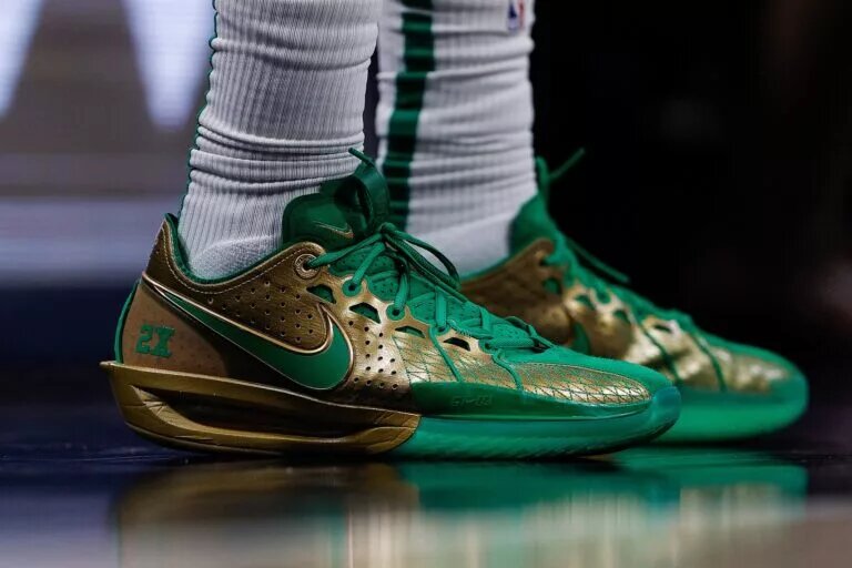 A detail view of the shoes worn by Boston Celtics guard Jrue Holiday