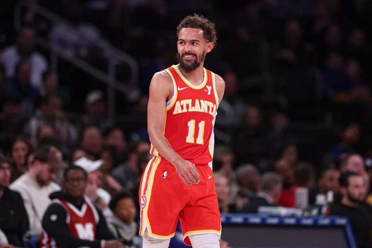 Jan 20, 2025; New York, New York, USA; Atlanta Hawks guard Trae Young (11) reacts after being assessed a technical foul during the second half against the New York Knicks at Madison Square Garden. Mandatory Credit: Vincent Carchietta-Imagn Images