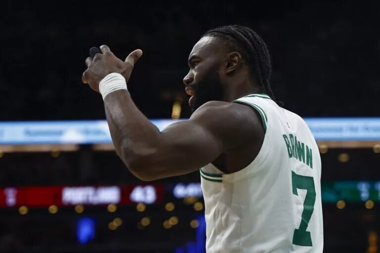 Boston Celtics guard Jaylen Brown (7) reacts after a foul was called on him during the first quarter against the Portland Trail Blazers TD Garden.