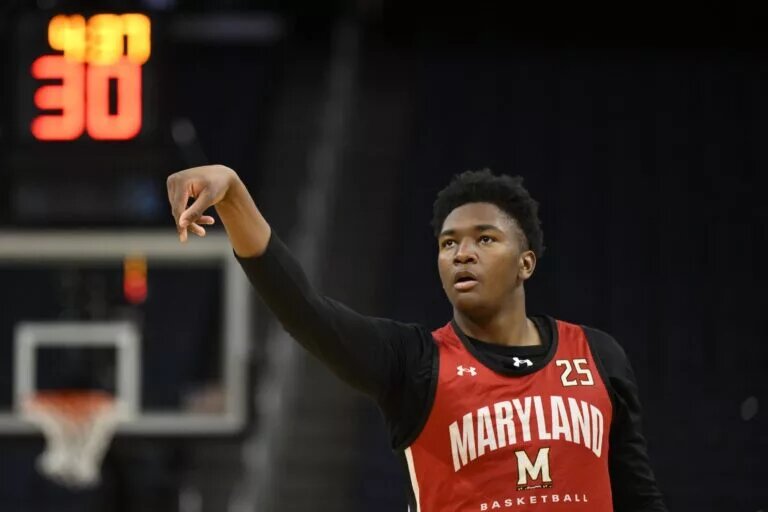Maryland Terrapins center Derik Queen (25) shoots the basketball during NCAA Tournament West Regional Practice at Chase Center.