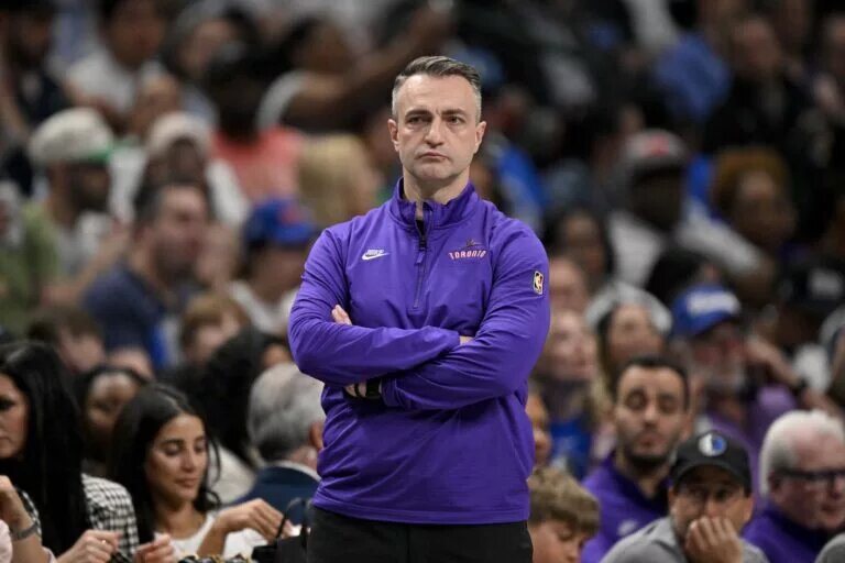 Toronto Raptors head coach Darko Rajakovic looks on during the second quarter against the Dallas Mavericks at the American Airlines Center.