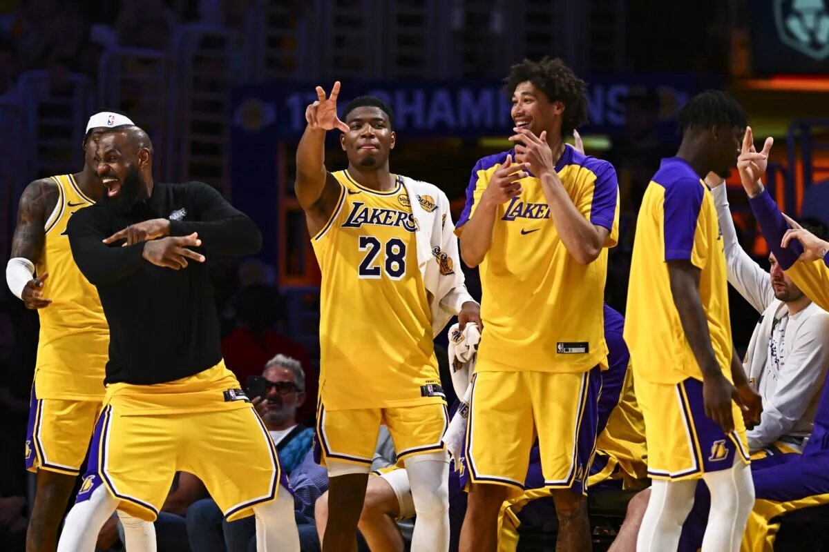 Los Angeles Lakers trade prospects forward Jarred Vanderbilt (2), forward LeBron James (23), forward Rui Hachimura (28), center Jaxson Hayes (11), and Los Angeles Lakers guard Luka Doncic