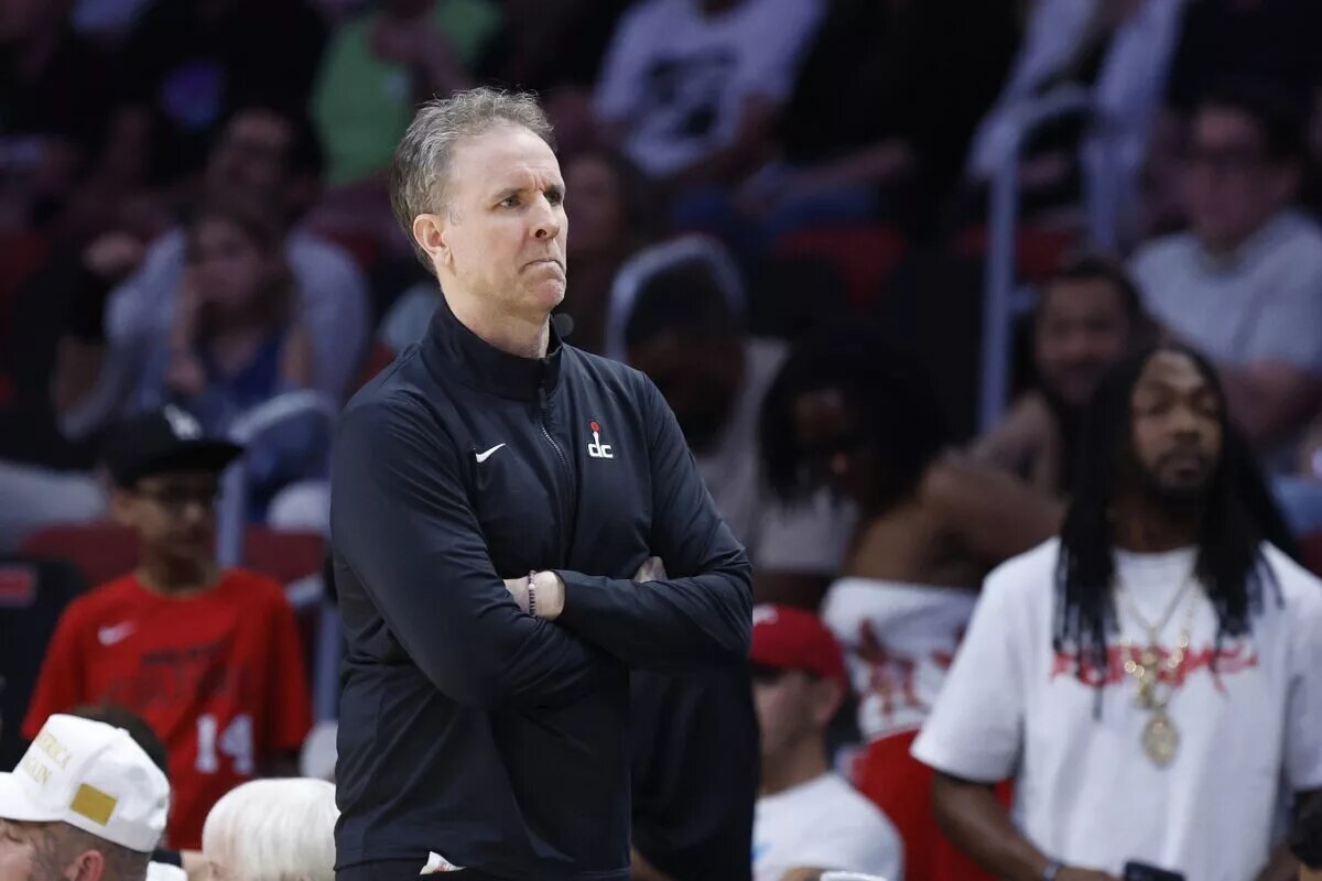 Apr 13, 2025; Miami, Florida, USA; Washington Wizards head coach Brian Keefe reacts against the Miami Heat during the second half at Kaseya Center. Mandatory Credit: Rhona Wise-Imagn Images
