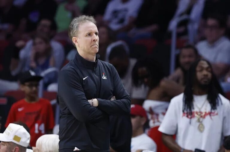 Apr 13, 2025; Miami, Florida, USA; Washington Wizards head coach Brian Keefe reacts against the Miami Heat during the second half at Kaseya Center. Mandatory Credit: Rhona Wise-Imagn Images