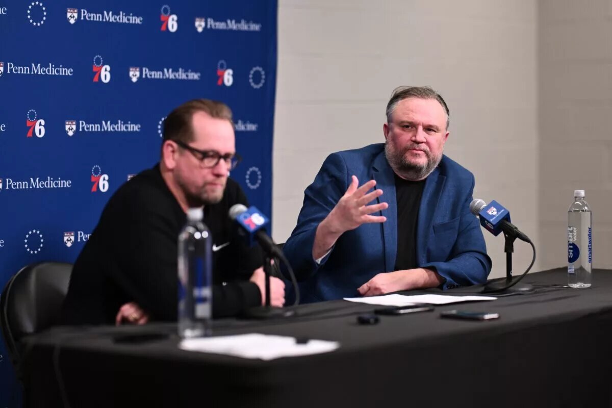 Apr 13, 2025; Philadelphia, Pennsylvania, USA; Philadelphia 76ers president of basketball operations Daryl Morey addresses the media with head coach Nick Nurse after the game against the Chicago Bulls at Wells Fargo Center. Mandatory Credit: Kyle Ross-Imagn Images