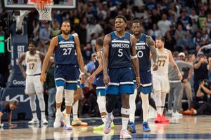 Apr 27, 2025; Minneapolis, Minnesota, USA; Minnesota Timberwolves guard Anthony Edwards (5) looks to the Los Angeles Lakers bench after scoring and picking up a foul in the second quarter during game four of first round for the 2025 NBA Playoffs at Target Center. Mandatory Credit: Matt Blewett-Imagn Images