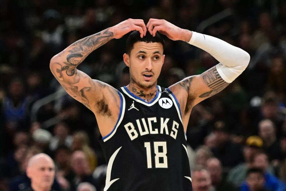 Milwaukee Bucks forward Kyle Kuzma (18) reacts in the third quarter against the Indiana Pacers during game four of first round for the 2024 NBA Playoffs at Fiserv Forum.