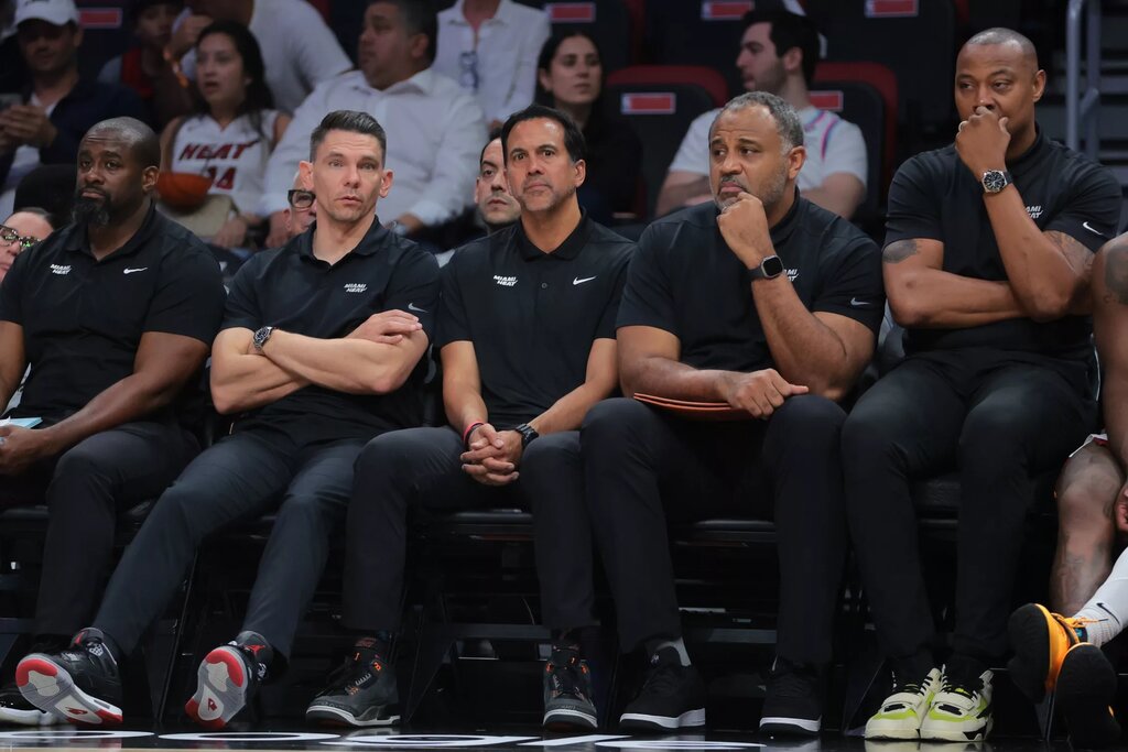 Miami Heat associate head coach Chris Quinn (left), head coach Erik Spoelstra