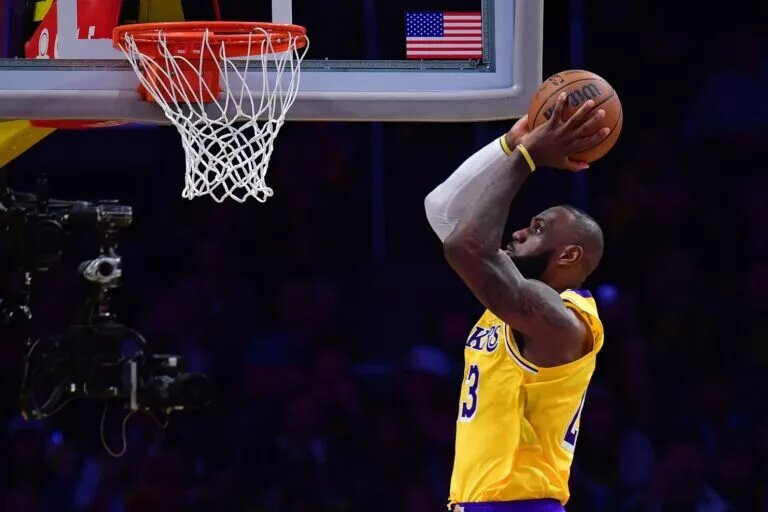 Apr 30, 2025; Los Angeles, California, USA; Los Angeles Lakers forward LeBron James (23) moves in for the dunk against the Minnesota Timberwolves during the second half in game five of first round for the 2025 NBA Playoffs at Crypto.com Arena. Mandatory Credit: Gary A. Vasquez-Imagn Images