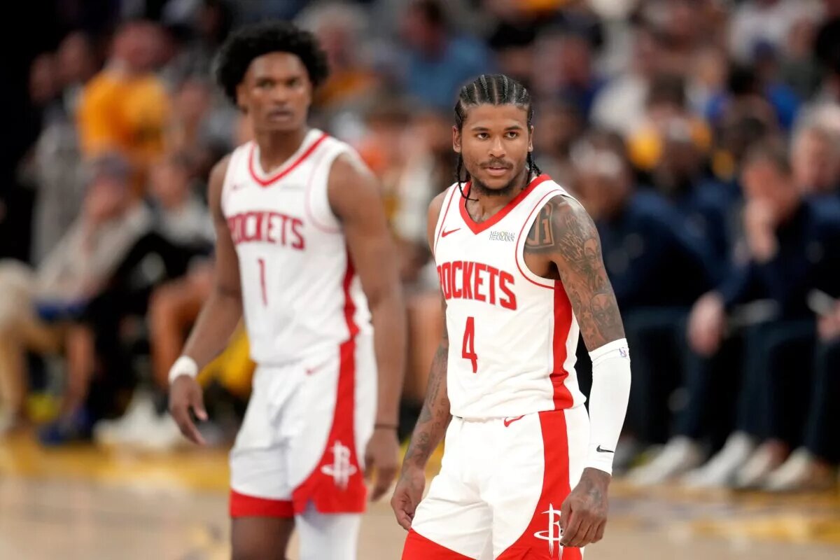 Houston Rockets guard Jalen Green (4) stands in front of forward Amen Thompson (1) during action against the Golden State Warriors in the fourth quarter of game six of the first round for the 2025 NBA Playoffs at Chase Center.