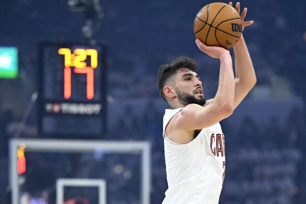 May 6, 2025; Cleveland, Ohio, USA; Cleveland Cavaliers guard Ty Jerome (2) shootsin the first quarter against the Indiana Pacers during game two of the second round of the 2025 NBA Playoffs at Rocket Arena. Mandatory Credit: David Richard-Imagn Images