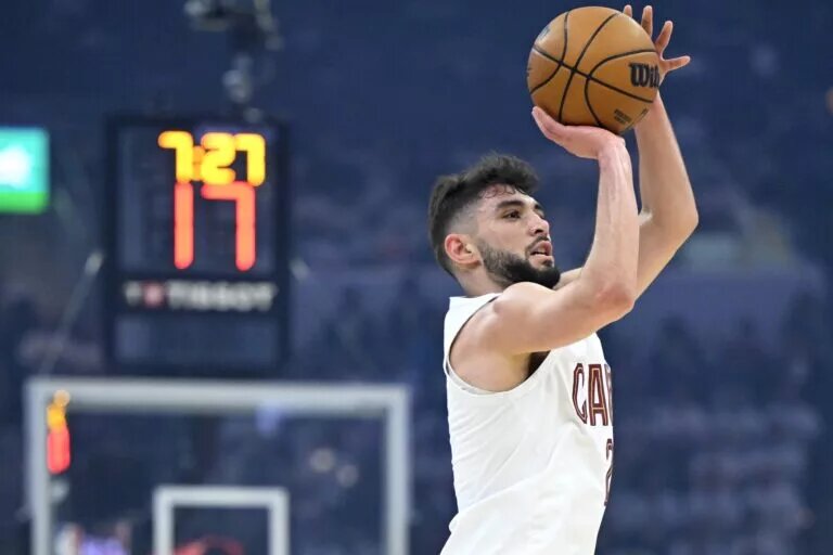 May 6, 2025; Cleveland, Ohio, USA; Cleveland Cavaliers guard Ty Jerome (2) shootsin the first quarter against the Indiana Pacers during game two of the second round of the 2025 NBA Playoffs at Rocket Arena. Mandatory Credit: David Richard-Imagn Images