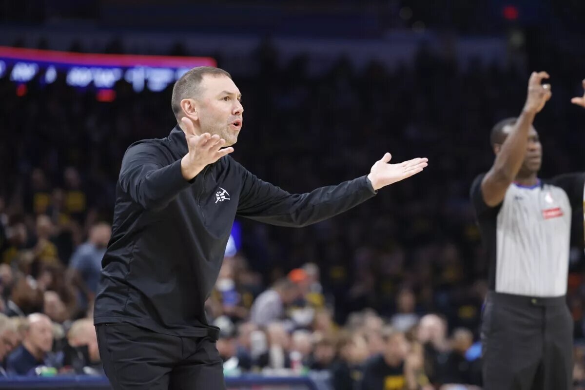 Denver Nuggets head coach David Adelman gestures to his team during a play against the Oklahoma City Thunder in the second half during game two of the second round for the 2025 NBA Playoffs at Paycom Center.