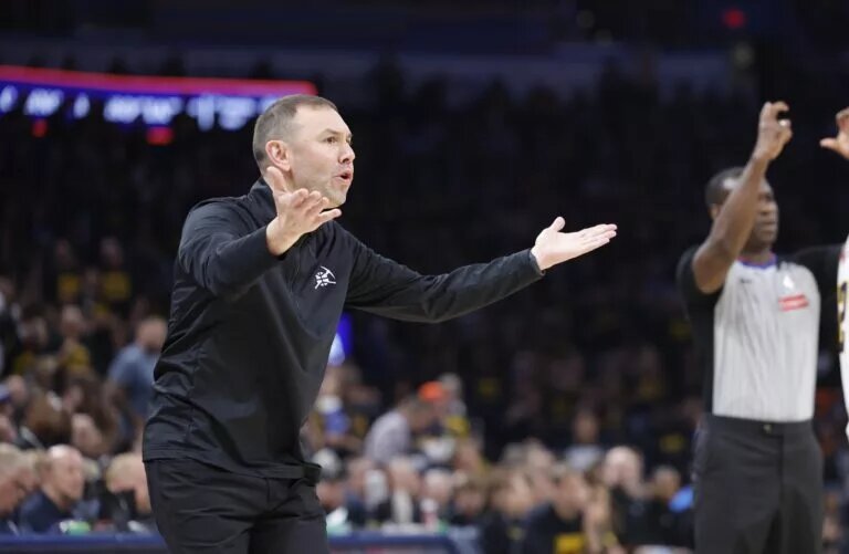 Denver Nuggets head coach David Adelman gestures to his team during a play against the Oklahoma City Thunder in the second half during game two of the second round for the 2025 NBA Playoffs at Paycom Center.