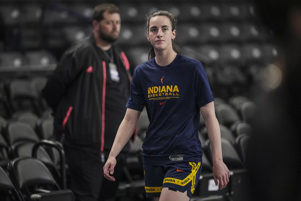 Indiana Fever guard Caitlin Clark (22) on the court prior to the game against the Atlanta Dream at Gateway Center Arena at College Park