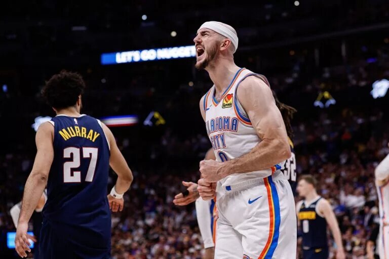 May 11, 2025; Denver, Colorado, USA; Oklahoma City Thunder guard Alex Caruso (9) reacts after a play in the fourth quarter against the Denver Nuggets during game four of the second round of the 2025 NBA Playoffs at Ball Arena. Mandatory Credit: Isaiah J. Downing-Imagn Images
