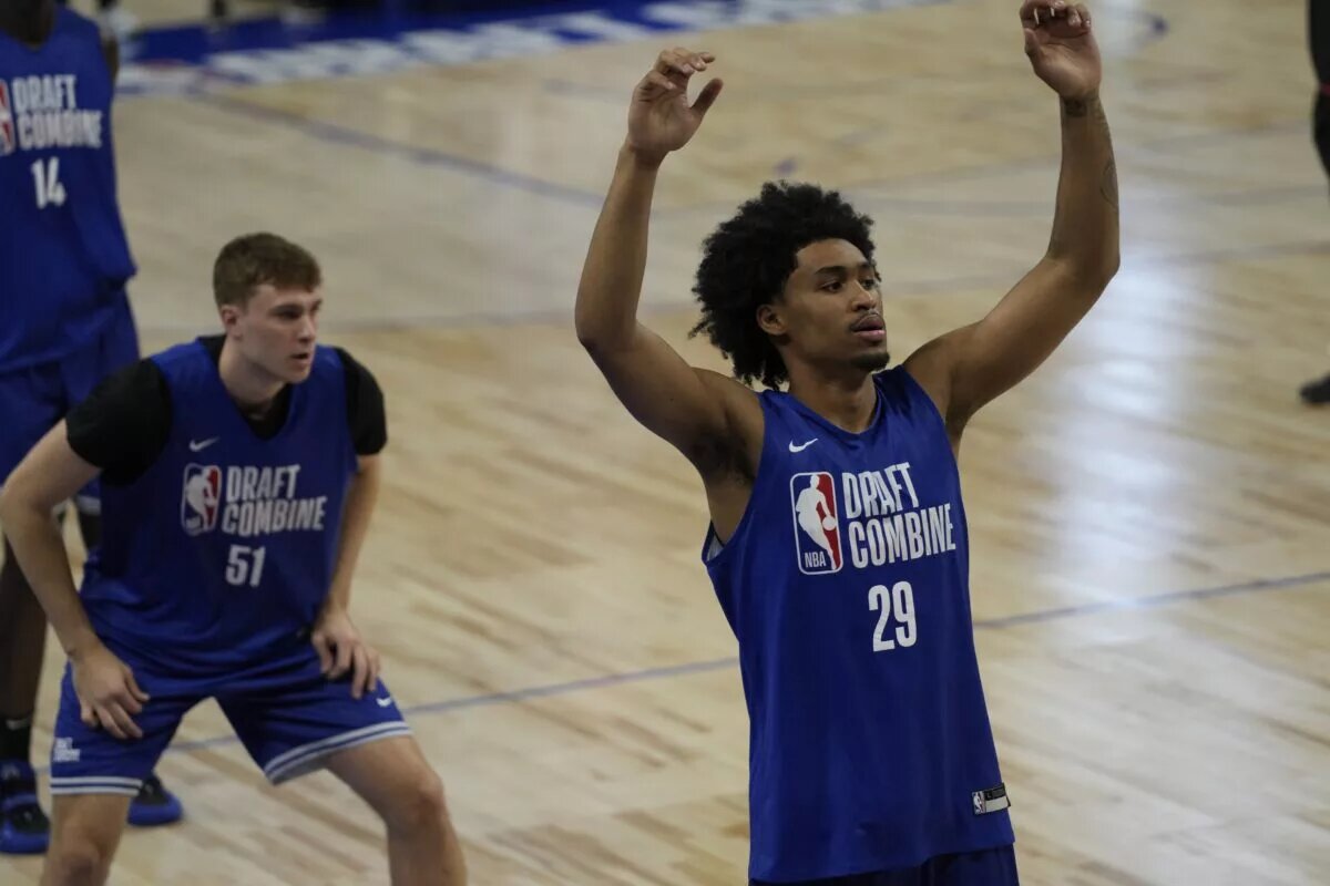 May 13, 2025; Chicago, Il, USA; Dylan Harper (29) and Cooper Flagg (51) participates in the 2025 NBA Draft Combine at Wintrust Arena. Mandatory Credit: David Banks-Imagn Images