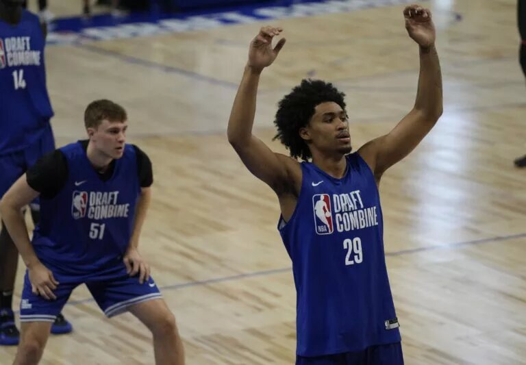 May 13, 2025; Chicago, Il, USA; Dylan Harper (29) and Cooper Flagg (51) participates in the 2025 NBA Draft Combine at Wintrust Arena. Mandatory Credit: David Banks-Imagn Images