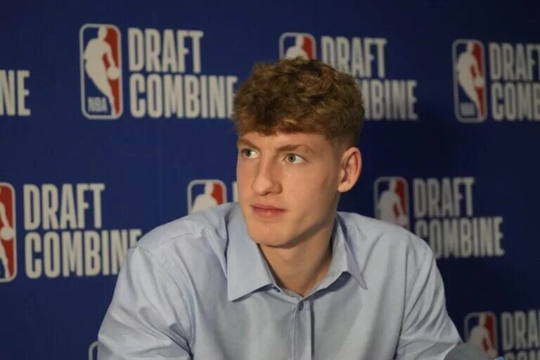 May 14, 2025; Chicago, Il, USA; Kasparas Jakucionis talks to the media during the 2025 NBA Draft Combine at Marriott Marquis Chicago. Mandatory Credit: David Banks-Imagn Images