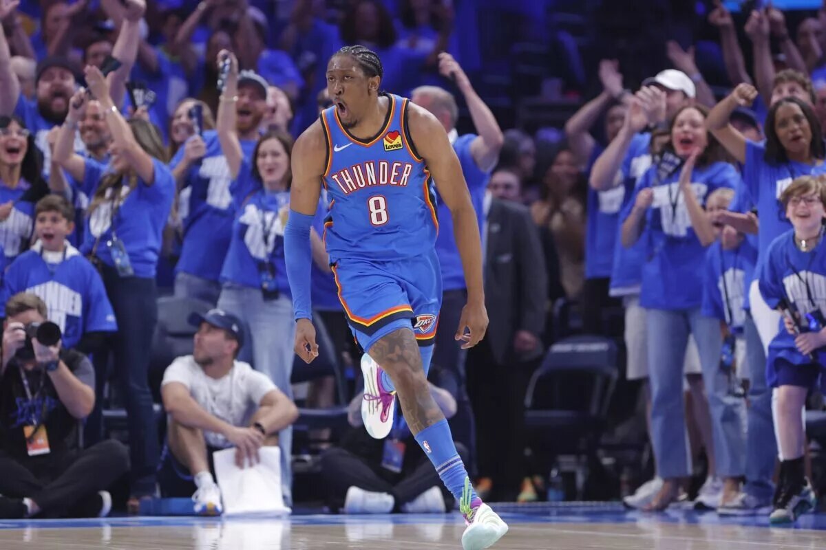 May 18, 2025; Oklahoma City, Oklahoma, USA; Oklahoma City Thunder forward Jalen Williams (8) celebrates after scoring against the Denver Nuggets in the second quarter during game seven of the second round for the 2025 NBA Playoffs at Paycom Center. Mandatory Credit: Alonzo Adams-Imagn Images