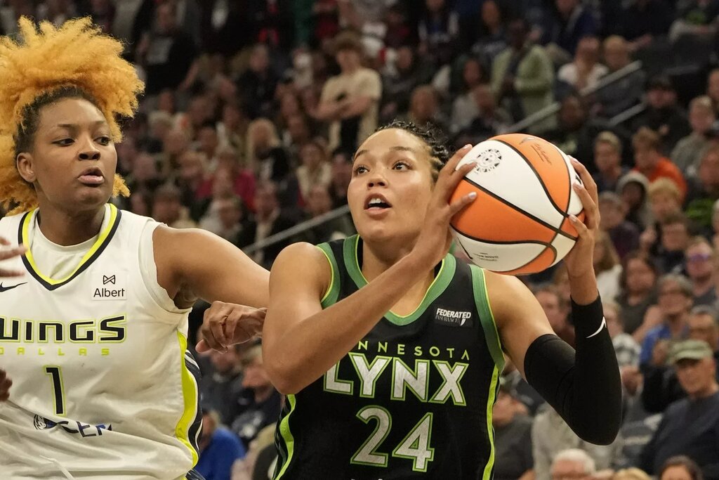 May 21, 2025; Minneapolis, Minnesota, USA; Minnesota Lynx forward Napheesa Collier (24) drives to the basket against Dallas Wings forward NaLyssa Smith (1) in the fourth quarter at Target Center. Mandatory Credit: Bruce Kluckhohn-Imagn Images