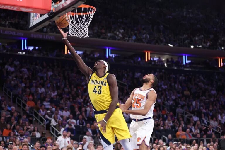 May 23, 2025; New York, New York, USA; Indiana Pacers forward Pascal Siakam (43) shoots against New York Knicks forward Mikal Bridges (25) in the second quarter during game two of the eastern conference finals for the 2025 NBA Playoffs at Madison Square Garden. Mandatory Credit: Wendell Cruz-Imagn Images