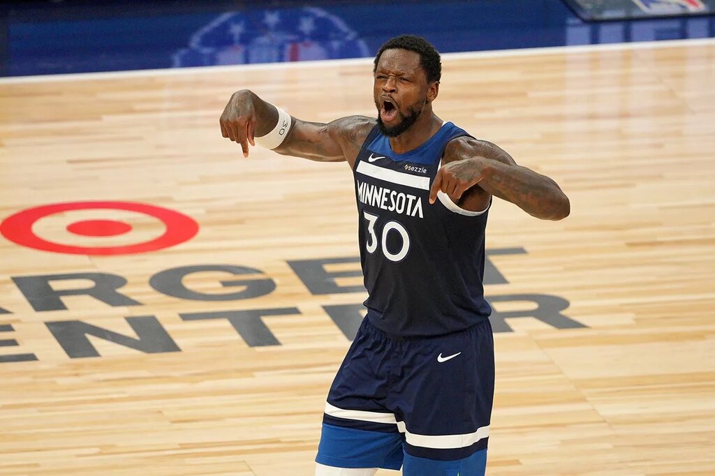 May 24, 2025; Minneapolis, Minnesota, USA; Minnesota Timberwolves forward Julius Randle (30) reacts against the Oklahoma City Thunder during the second half in game three of the western conference finals for the 2025 NBA Playoffs at Target Center. Mandatory Credit: Brad Rempel-Imagn Images