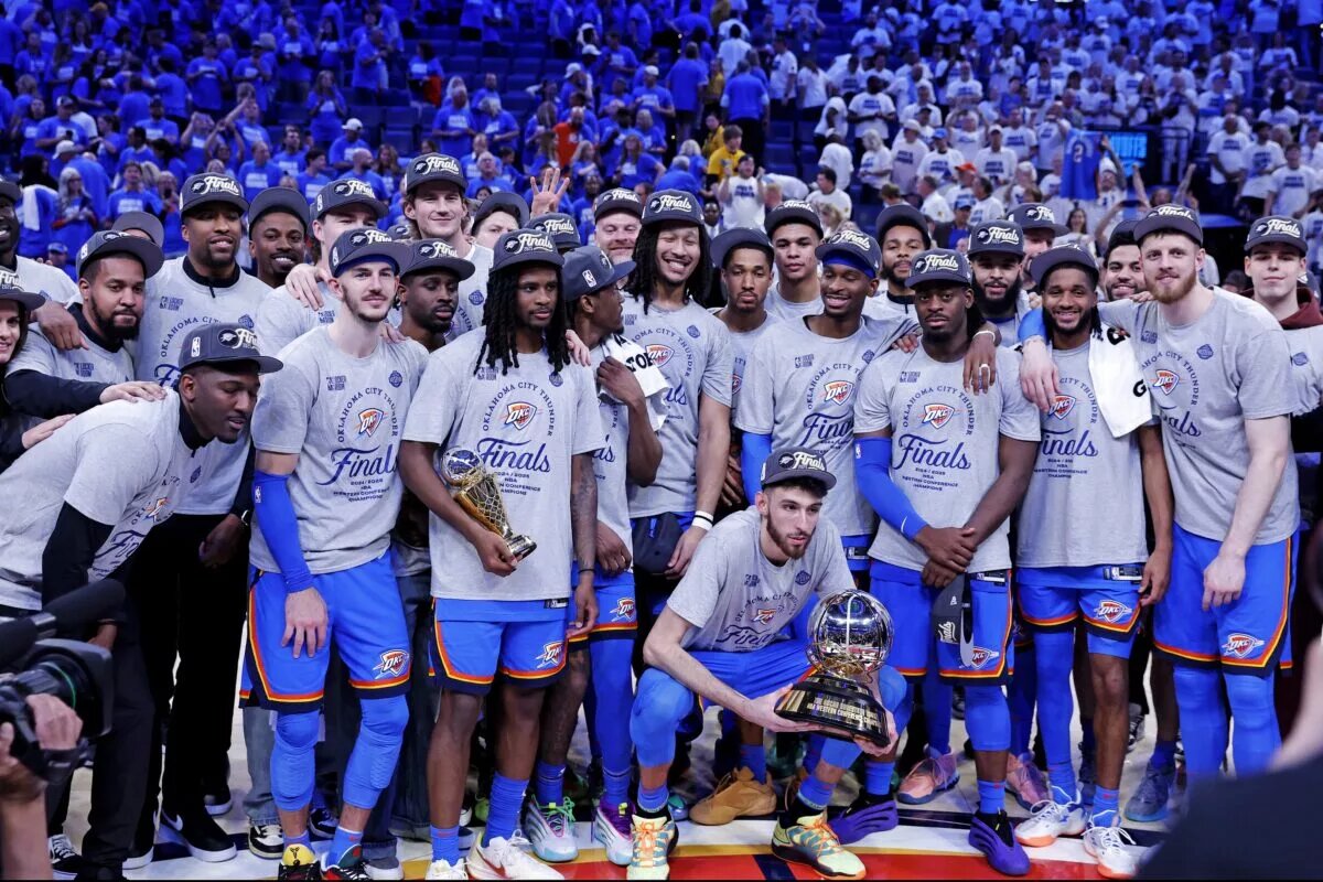 May 28, 2025; Oklahoma City, Oklahoma, USA; The Oklahoma City Thunder celebrates after beating the Minnesota Timberwolves in game five to win the western conference finals for the 2025 NBA Playoffs at Paycom Center. Mandatory Credit: Alonzo Adams-Imagn Images