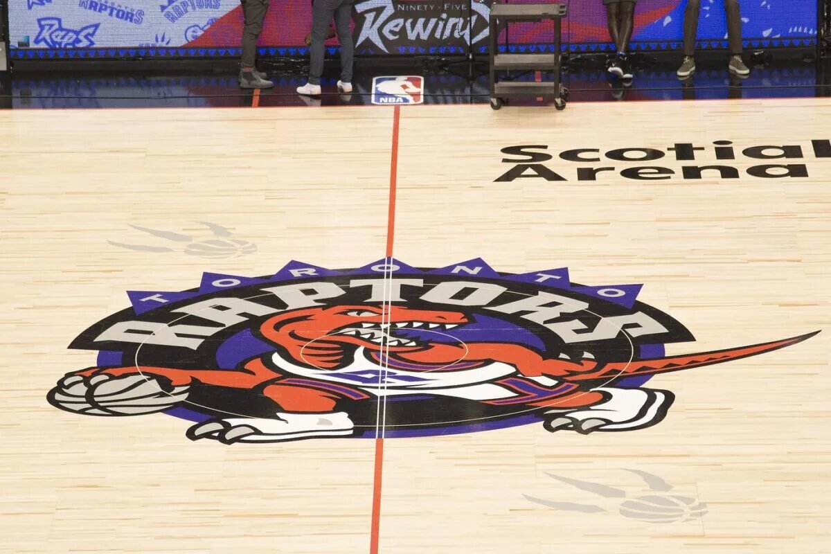 A general view of the Toronto Raptors court logo before a game against the Orlando Magic at Scotiabank Arena.