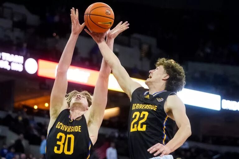 Nov 17, 2022; Omaha, Nebraska, USA; UC Riverside Highlanders forwards Lachlan Olbrich (30) and Luke Turner (22) go up for a rebound during the second half against the Creighton Bluejays at CHI Health Center Omaha. Mandatory Credit: Dylan Widger-USA TODAY Sports