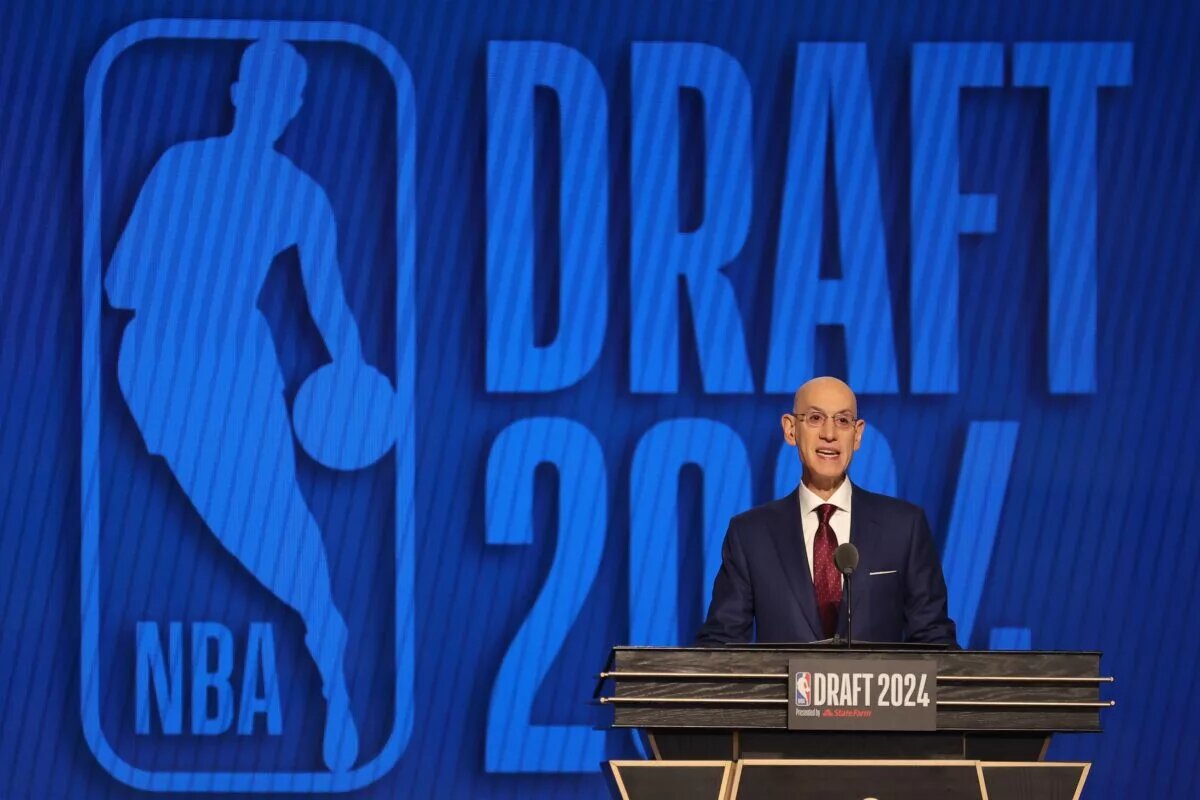 Jun 26, 2024; Brooklyn, NY, USA; NBA commissioner Adam Silver speaks before the first round of the 2024 NBA Draft at Barclays Center. Mandatory Credit: Brad Penner-USA TODAY Sports