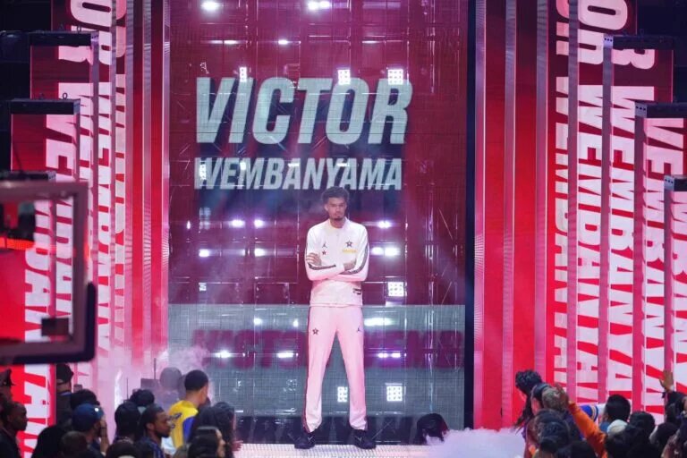 Chuck's Global Stars forward Victor Wembanyama (1) of the San Antonio Spurs during introductions before the 2025 NBA All Star Game at Chase Center.
