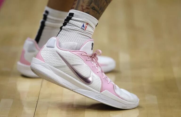A general view of the shoes worn by Miami Heat center Kel'el Ware